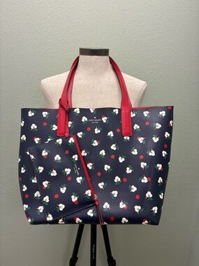 kate spade reversible Navy Cherry Blossom Tote with Red Handles